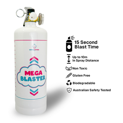 Gender Reveal MEGA Powder Blaster, a white powder-filled extinguisher with pink and blue chevron design. Features 15-second blast time, 10m spray distance, non-toxic powder. Product shown with safety certifications and biodegradable properties, perfect for gender reveal celebrations.