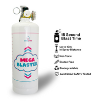 Quad Gender Reveal MEGA Powder Blaster featuring a white canister with pink and blue chevron design. Professional-grade powder extinguisher with 15-second blast time, 10m spray range, non-toxic formula, and Australian safety certification. Perfect for spectacular gender reveal celebrations.