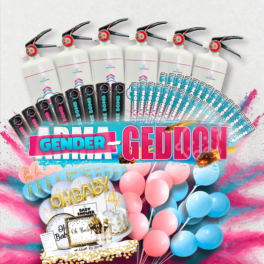 Gender-Geddon Australia's Largest Gender Reveal Bundle featuring multiple smoke cannons, balloons in pink and blue, party decorations, and celebration accessories arranged against a vibrant powder explosion background in traditional gender reveal colors