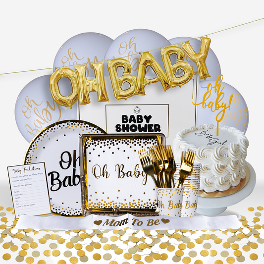 Baby Shower Party Box Set featuring gold OH BABY balloon banner, white and gold party supplies including plates, cutlery, decorative backdrop, cake stand with white cake, and scattered gold confetti, creating an elegant neutral-toned celebration setup