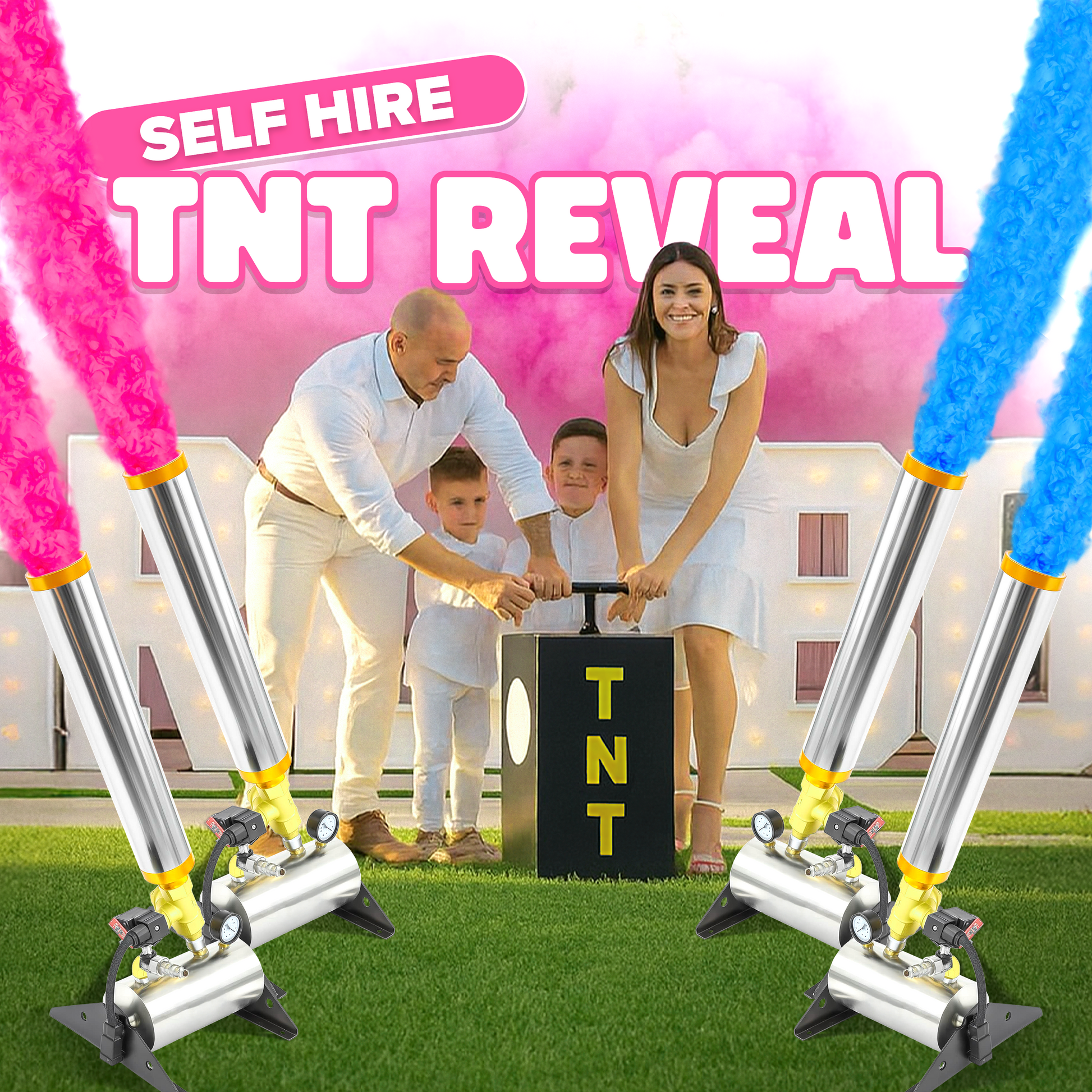Family using the TNT Gender Reveal Self Hire kit with colorful pink and blue smoke explosions outdoors.