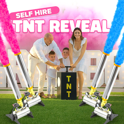 Family using the TNT Gender Reveal Self Hire kit with colorful pink and blue smoke explosions outdoors.