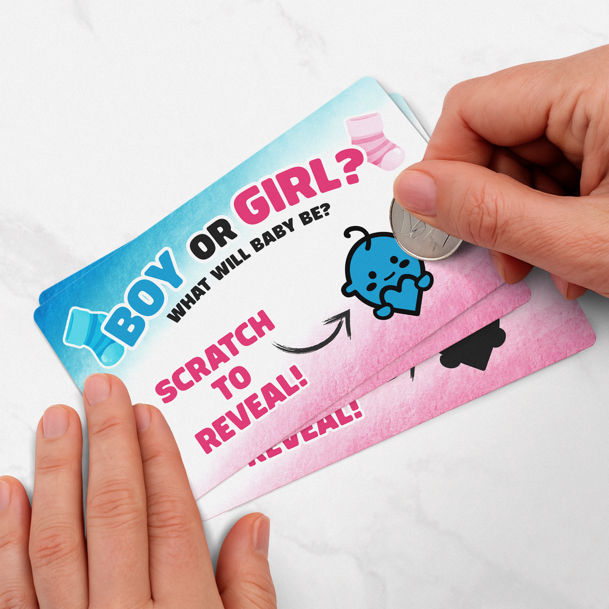 Gender Reveal Ideas 24 Pack Scratchies showing blue baby icon with scratch-to-reveal gender surprise card being scratched.