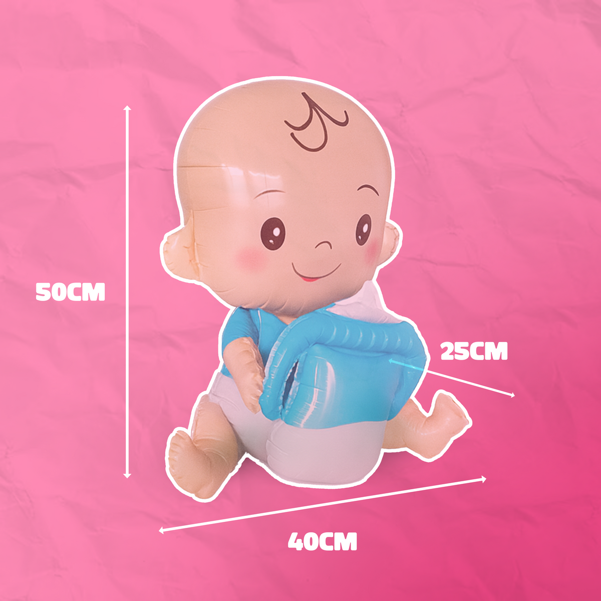 Large baby foil balloon in blue diaper holding a blue baby bottle for gender reveal parties with size dimensions visible