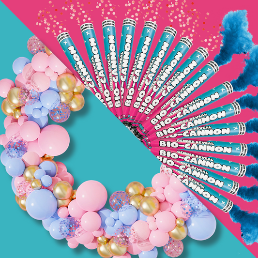 Mega Reveal Gender Party Bundle featuring an artful arrangement of bio-cannons displayed in a fan shape against a pink and turquoise background, surrounded by a decorative arch of pink, blue, and gold balloons with colorful powder bursts creating a festive atmosphere.