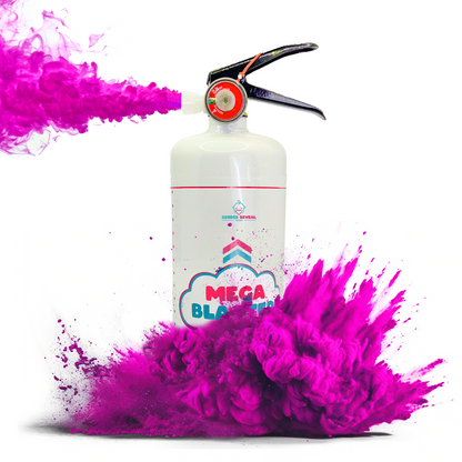 Gender Reveal Extinguisher MEGA Powder Blaster shown releasing vibrant pink powder clouds in dramatic effect against white background. White extinguisher-style device with decorative branding displays powerful color blast demonstration.