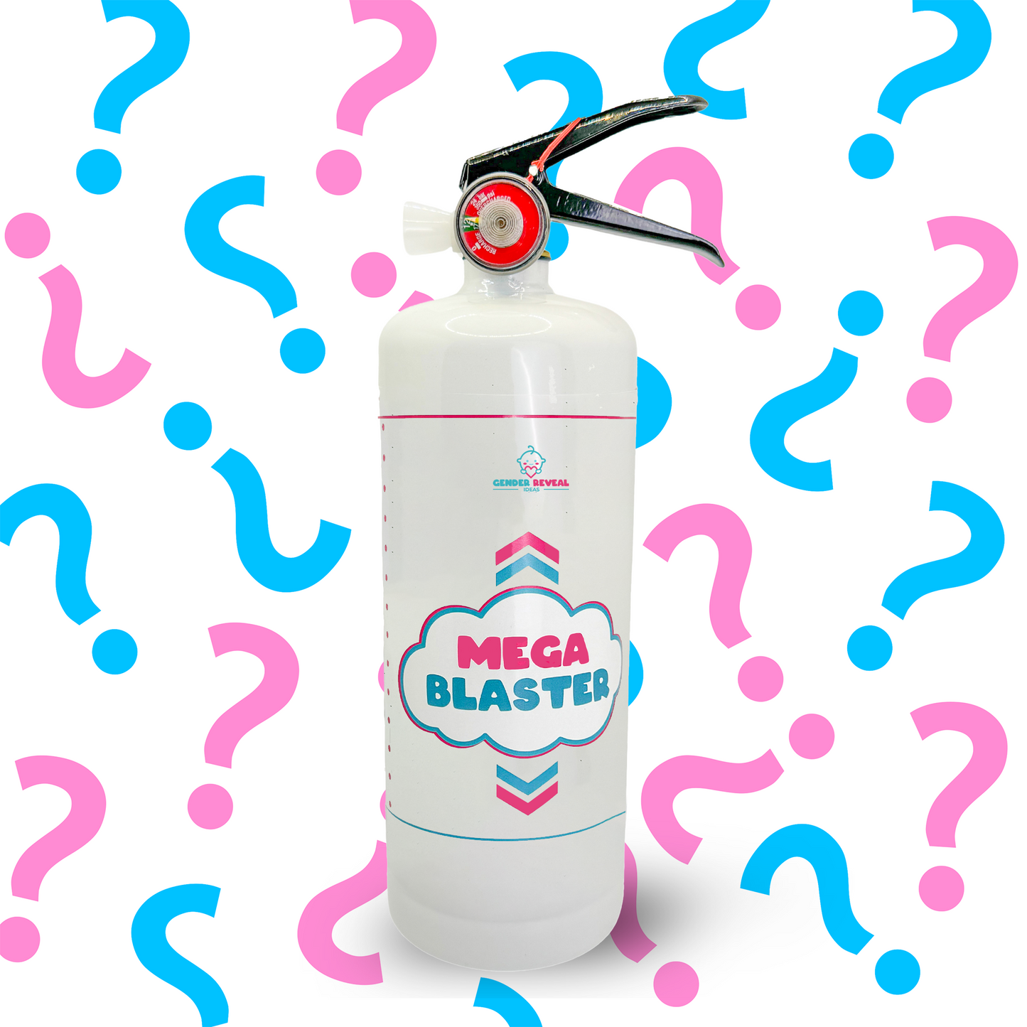 Gender Reveal Extinguisher MEGA Powder Blaster shown as a white canister with cloud-shaped logo, surrounded by pink and blue question marks, featuring a professional safety nozzle for controlled powder release at gender reveal parties