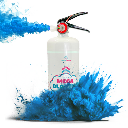 Gender Reveal Extinguisher MEGA Powder Blaster shown as white canister with black nozzle releasing dramatic blue powder explosion effect against white background, demonstrating 15-second color blast capability for gender reveal celebrations