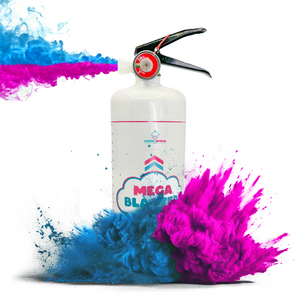 Gender Reveal Extinguisher MEGA Powder Blaster shown as white canister with black nozzle, surrounded by dramatic pink and blue powder explosions creating vibrant clouds on either side, demonstrating the product's powerful colored powder release effect for gender reveal celebrations.