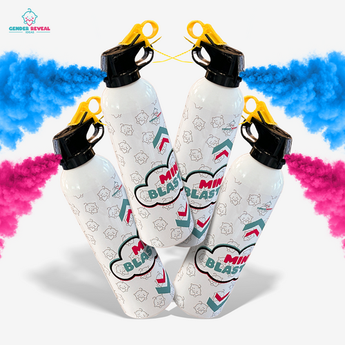 Four gender reveal powder extinguishers releasing vibrant blue and pink powder for party celebration events