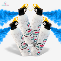 Four white gender reveal powder extinguishers releasing vibrant blue powder smoke for party celebration bundle