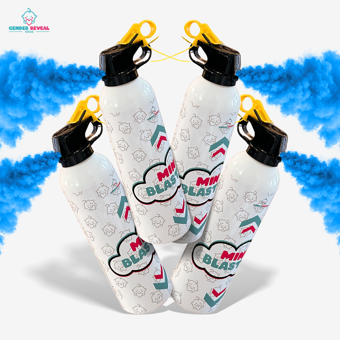 Four white gender reveal powder extinguishers releasing vibrant blue powder smoke for party celebration bundle