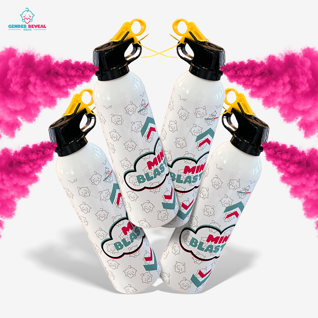 Four mini gender reveal powder extinguishers releasing bright pink powder for party celebration bundle display