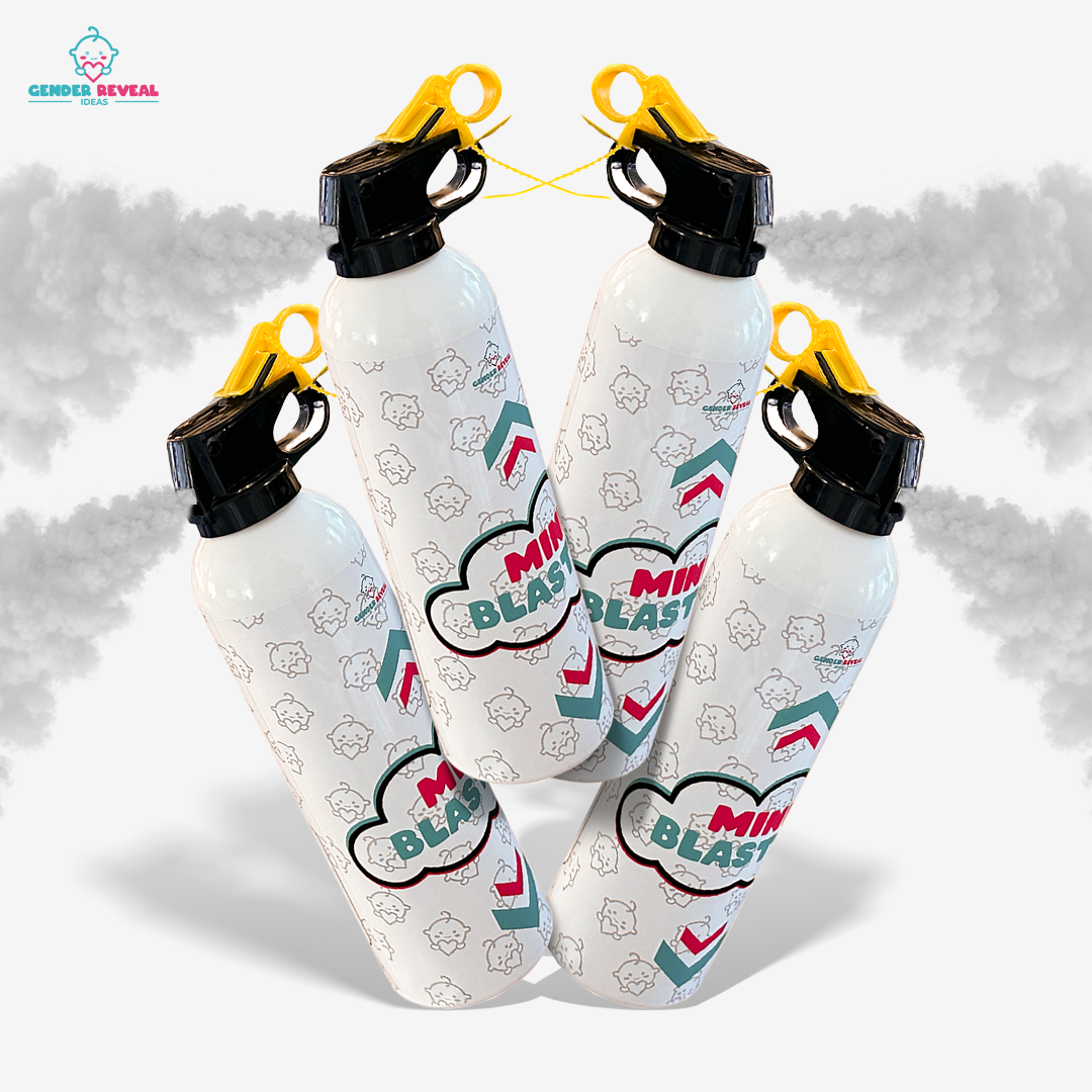 Four white mini powder extinguishers with yellow triggers releasing gray powder for gender reveal celebrations