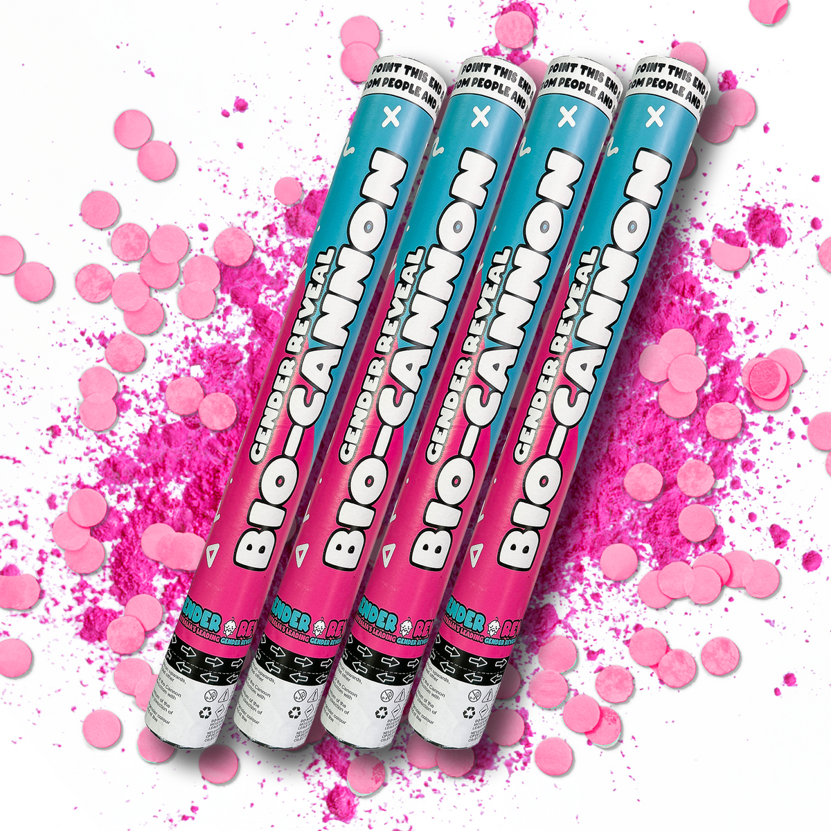 Mega Reveal Gender Party Bundle featuring four teal and pink bio-cannon confetti launchers arranged diagonally against a white background with vibrant pink powder and confetti scatter effects, creating an energetic and festive product display for gender reveal celebrations