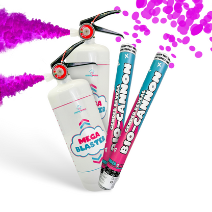 Double MEGA Powder Extinguisher & Gender Reveal Cannon Bundle featuring two white powder extinguishers with red nozzles and black handles, alongside two blue-colored powder cannon tubes, displayed against a white background with vibrant pink powder effect decoration.