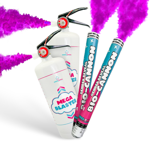 Double MEGA Powder Extinguisher & Gender Reveal Cannon Bundle featuring two white powder cannons with blue and pink accents and vibrant pink powder effects. Product shows one large extinguisher-style device and two handheld powder cannons against a white background.