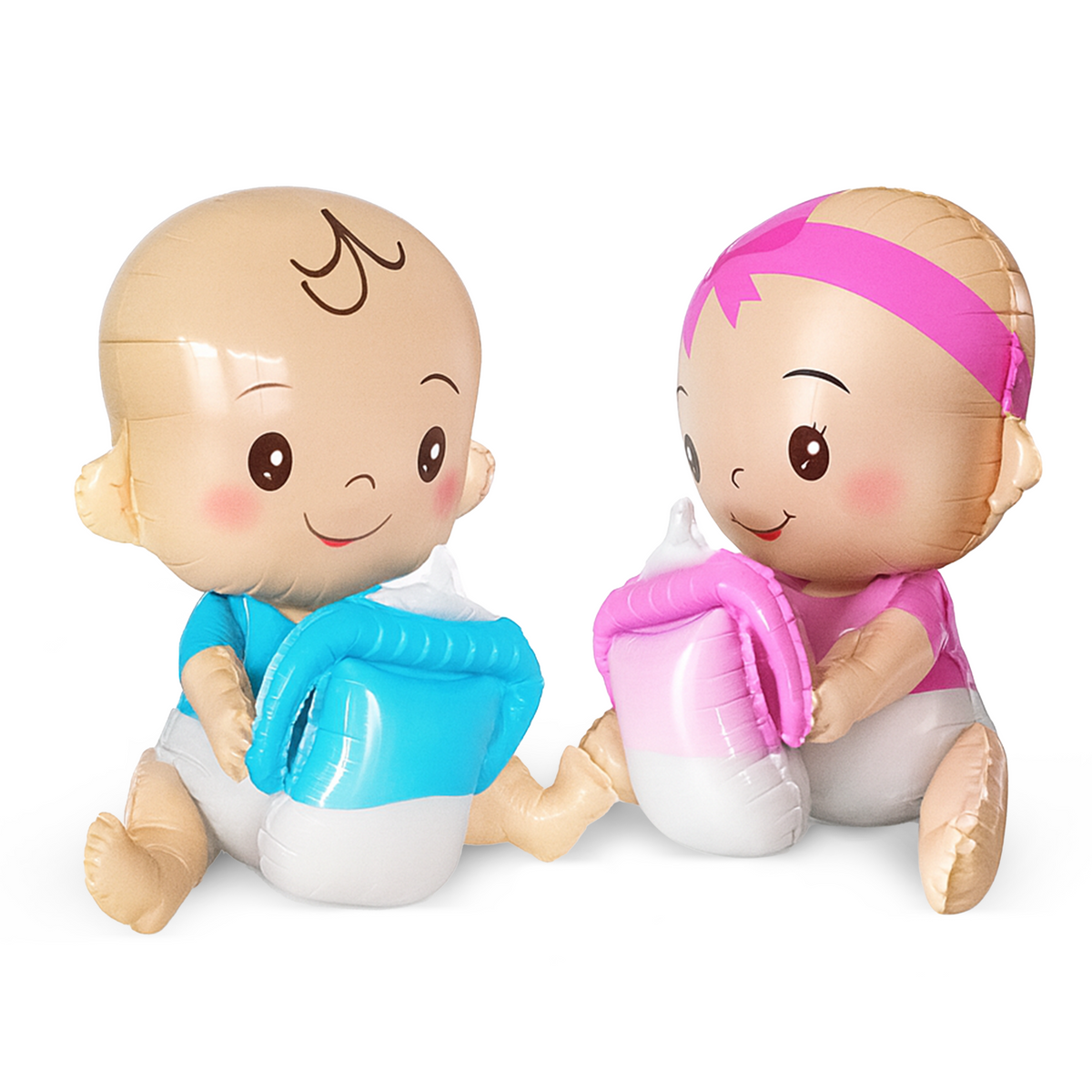 Two large foil baby balloons dressed in blue and pink holding matching bottles for gender reveal parties