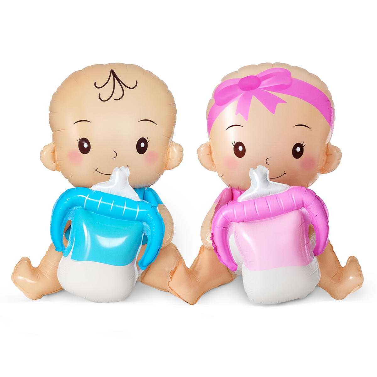 Large foil baby balloons in blue and pink holding matching baby bottles for gender reveal celebrations