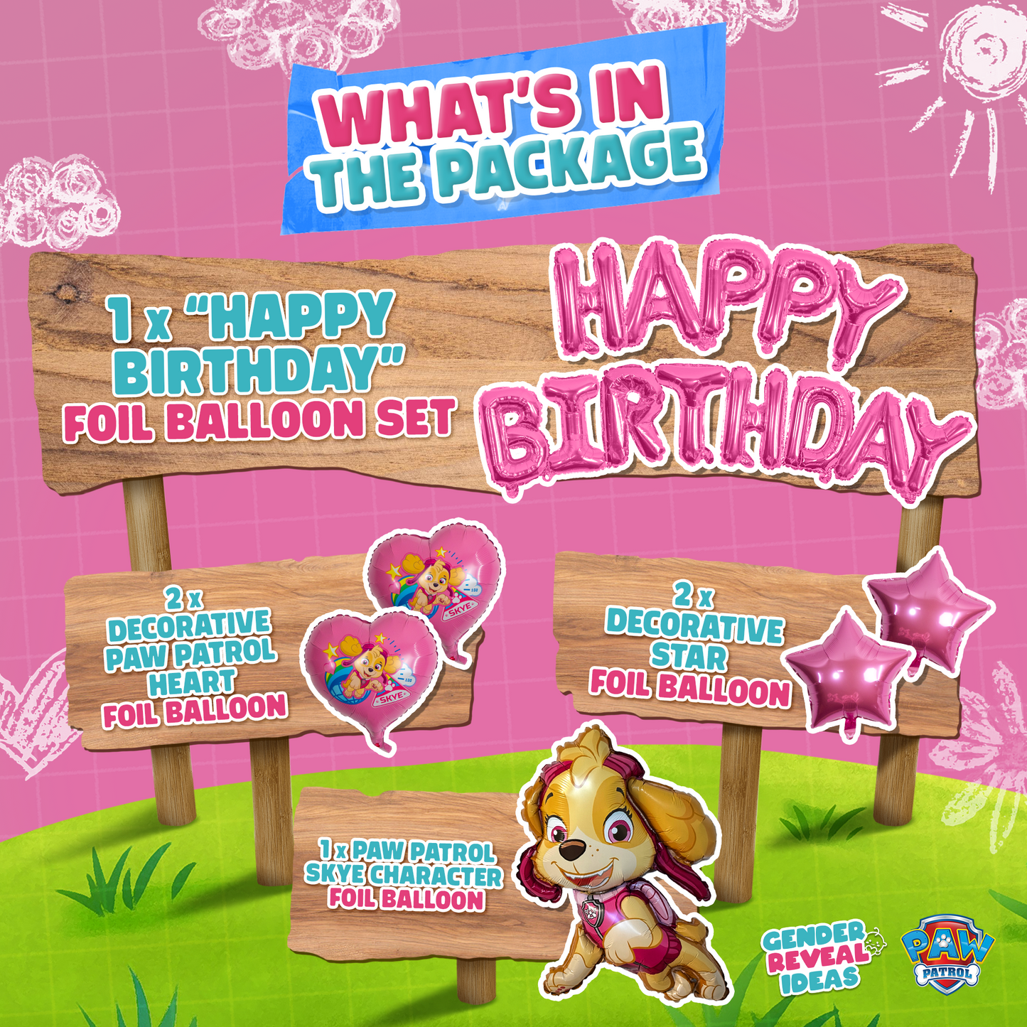 Paw Patrol Birthday Foil Balloon Set featuring Skye character package contents display on wooden signposts against pink background, including Happy Birthday balloons, decorative star balloons, and character foil balloons for party decoration