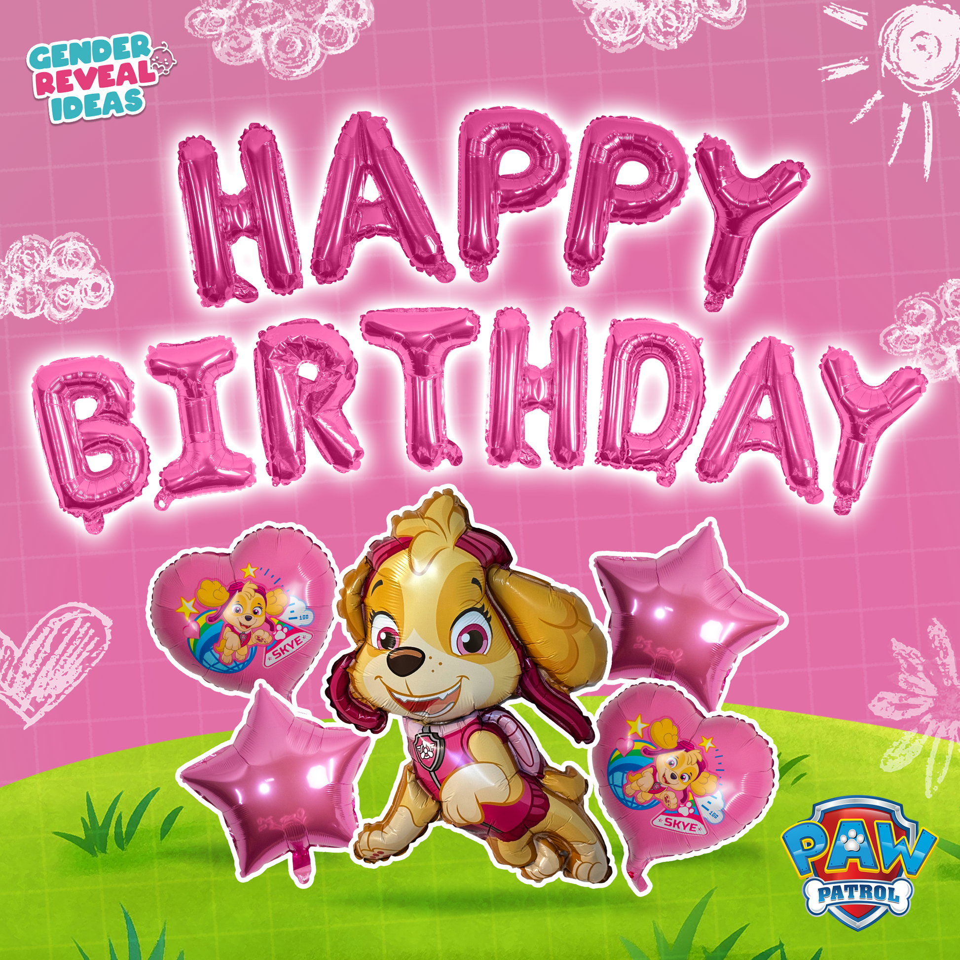 Paw Patrol Birthday Foil Balloon Set featuring Skye character with pink HAPPY BIRTHDAY balloon letters, decorative pink star balloons, and heart designs on a pink and green background. Perfect for children's birthday party decorations.