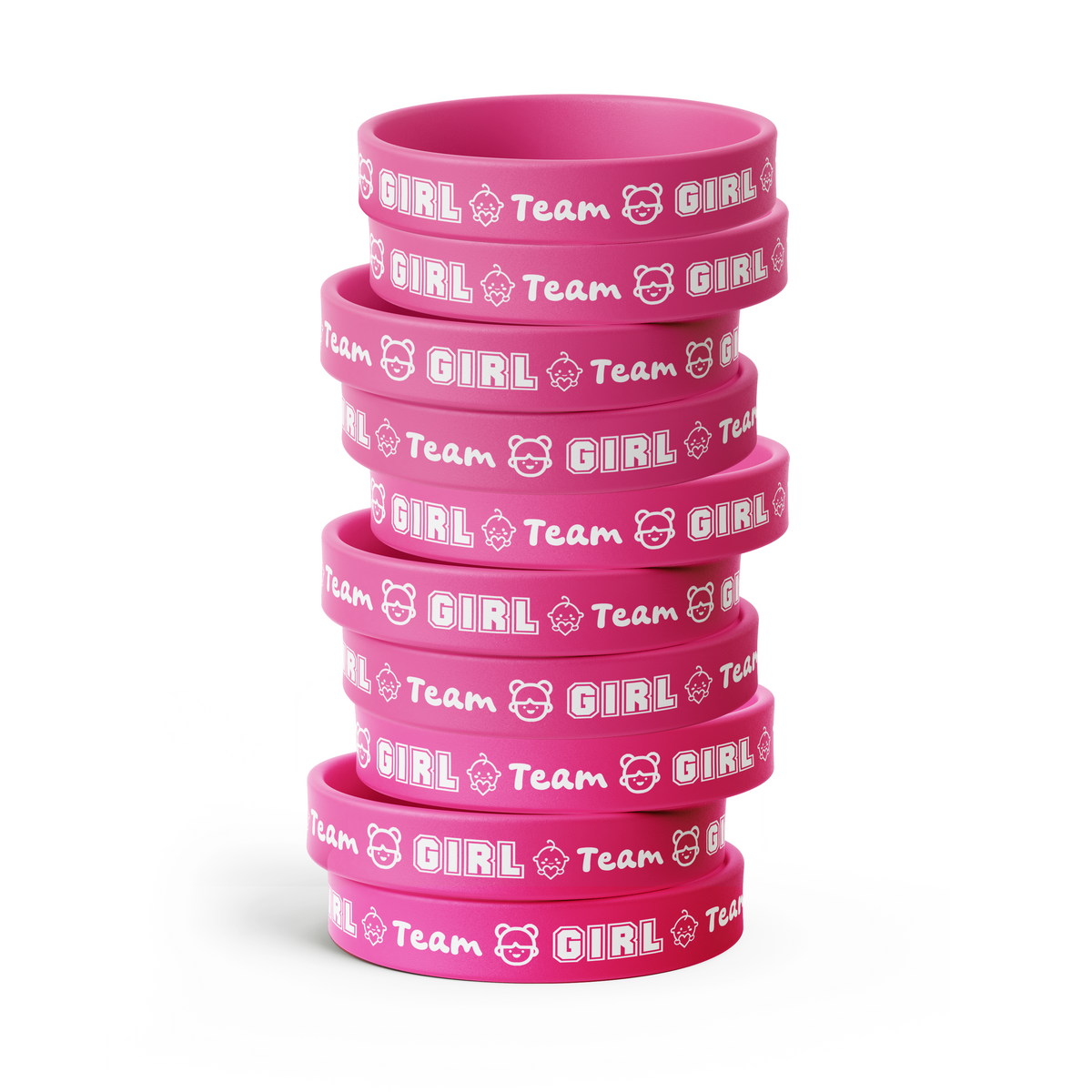Custom Gender Reveal Party Wrist Bands - 20 Pack pink "Team Girl" rubber wristbands stacked against white background