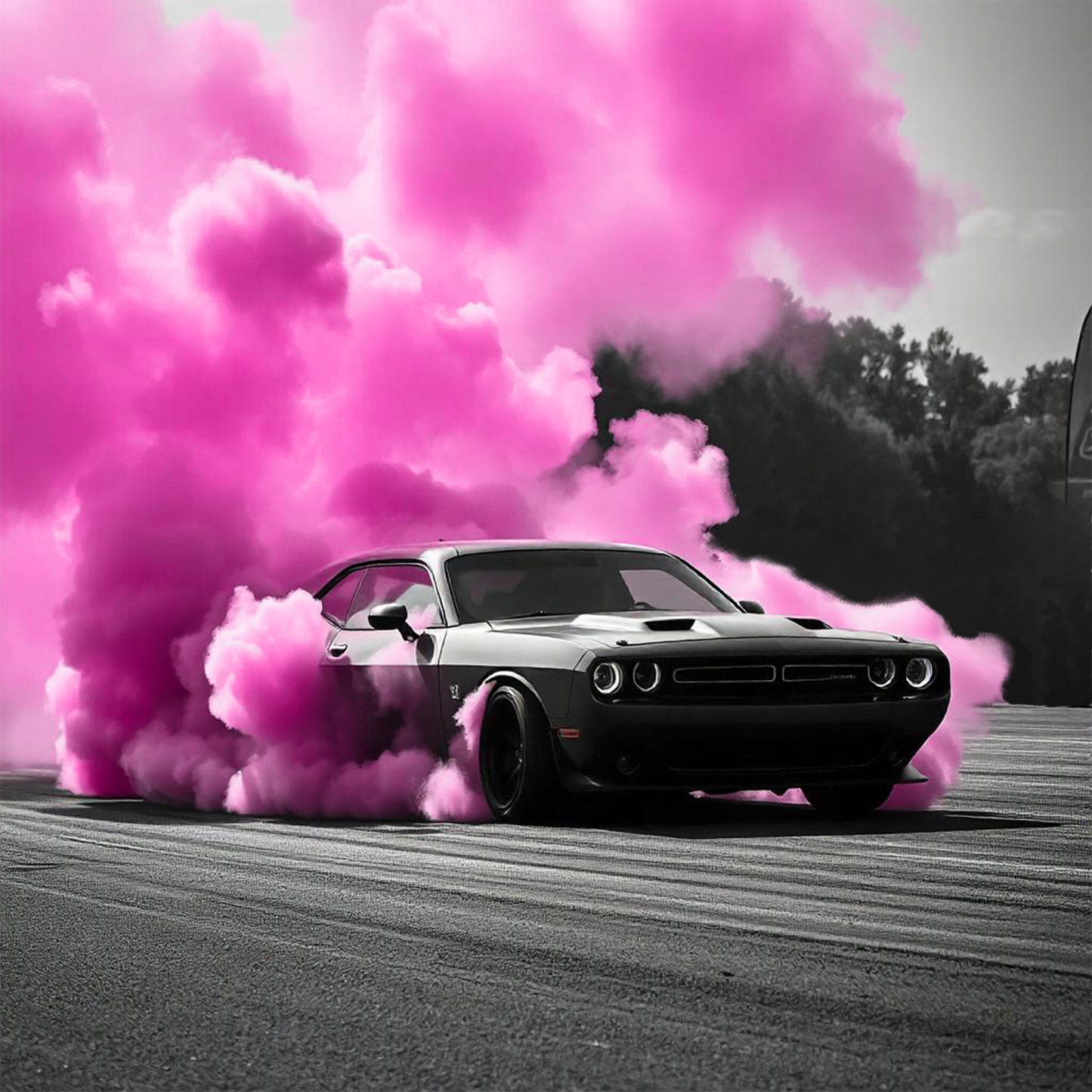 BURNOUT Smoke EXTREME Gender Reveal Burnout Powder shown in action: Black Dodge Challenger performing tire burnout creating massive pink smoke cloud against black and white background, demonstrating product's dramatic reveal effect