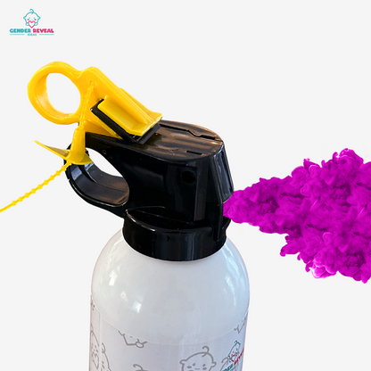 Gender Reveal Powder Extinguisher Mini Blaster with white canister and black nozzle spraying vibrant pink powder cloud against white background, featuring yellow safety trigger mechanism