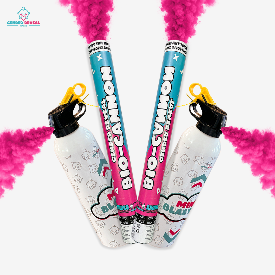 Gender reveal bundle with two bio-cannons and two extinguishers releasing vibrant pink powder smoke