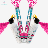 Gender reveal bio-cannons and fire extinguishers releasing pink powder in celebration bundle on white background