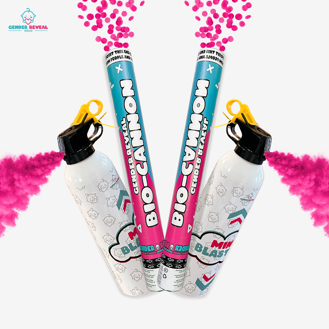 Gender reveal bio-cannons and fire extinguishers releasing pink powder in celebration bundle on white background