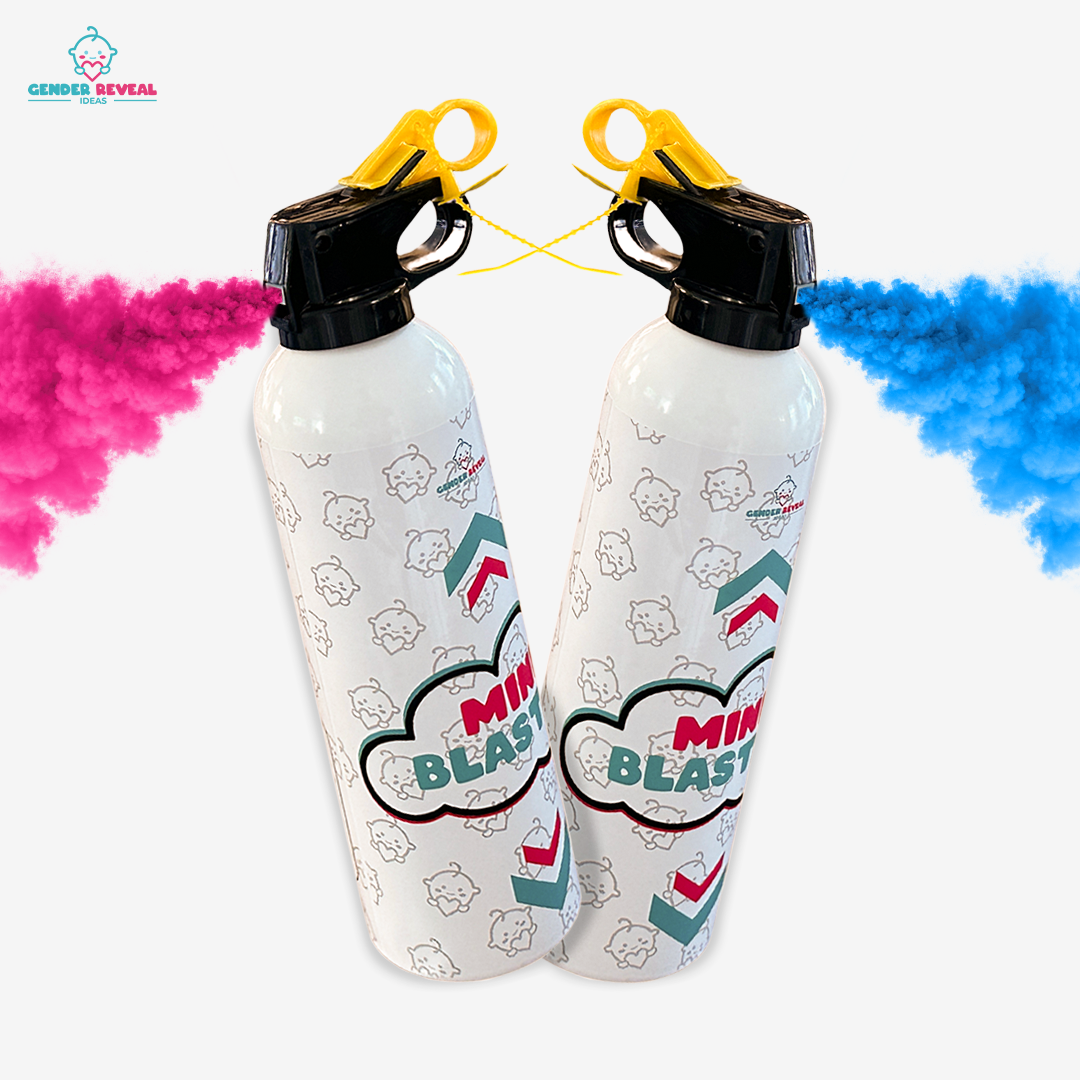 Two mini blaster extinguishers releasing pink and blue powder for gender reveal parties on white background