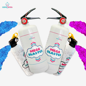 Quad Family Gender Reveal Extinguisher Bundle featuring two white Mega Blaster extinguishers with pink and blue powder clouds, black handles, and decorative cloud-shaped logos, displayed against a white background. Two mini extinguishers visible at the edges.