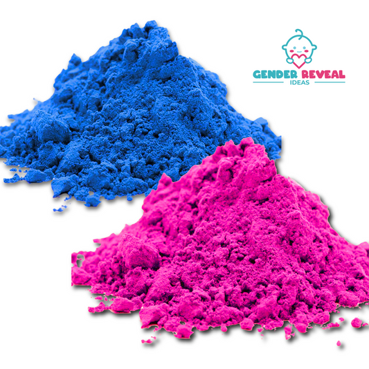 200g Gender Reveal BIO Powder shown as vibrant piles of blue and pink biodegradable cornflour powder for gender reveal celebrations, with brand logo displayed in top right corner