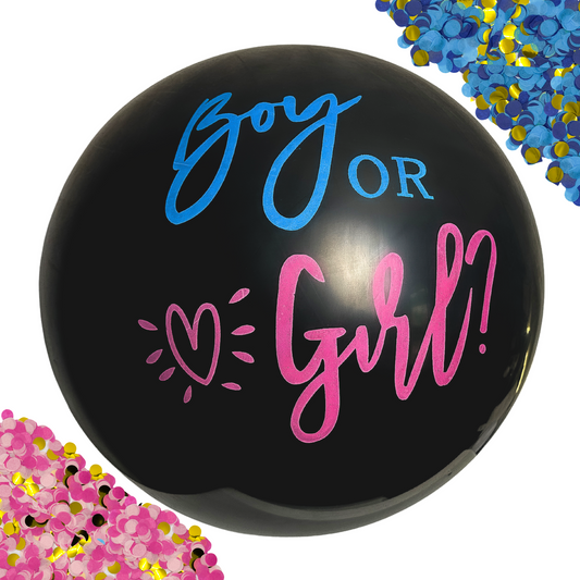 Giant black latex balloon featuring Boy or Girl text in blue and pink lettering, surrounded by scattered pink and blue confetti for gender reveal celebrations. 90CM latex confetti gender reveal balloon perfect for baby announcement parties.