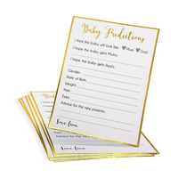 Gender Reveal Baby Shower Prediction Cards with white and gold design for guests to guess baby details and share advice.