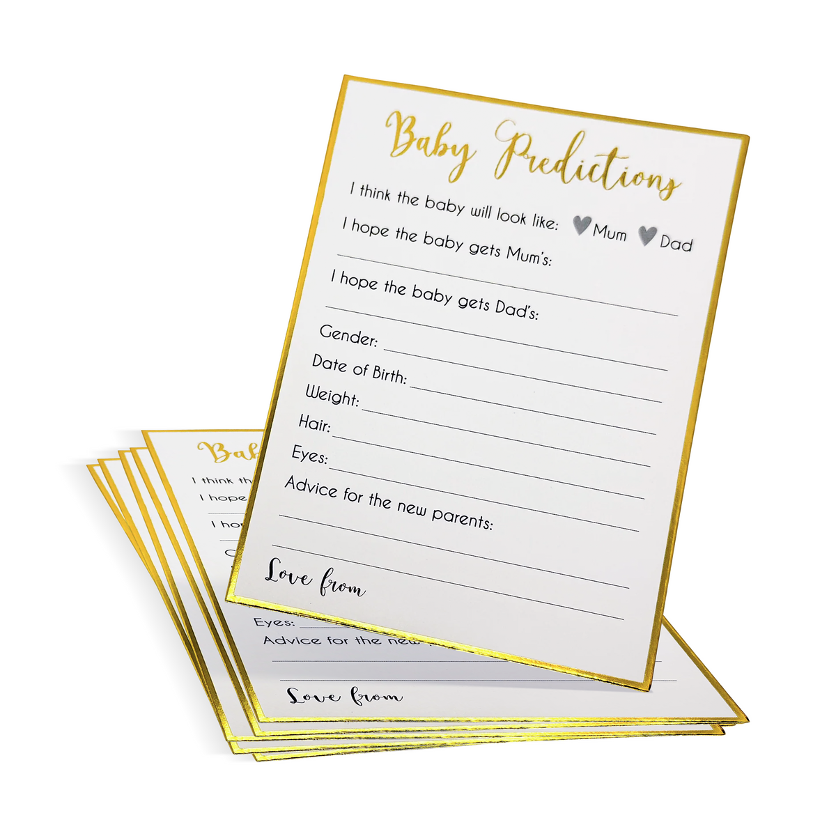 Gender Reveal Baby Shower Prediction Cards with white and gold design for guests to guess baby details and share advice.