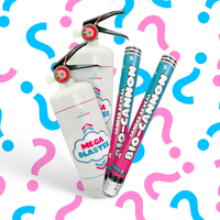 Double MEGA Powder Extinguisher & Gender Reveal Cannon Bundle featuring two white powder cannons and two blue-and-pink handheld smoke tubes, displayed against a background with pink and blue question marks. Perfect for dramatic gender reveal celebrations.