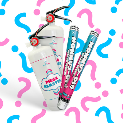 Double MEGA Powder Extinguisher & Gender Reveal Cannon Bundle featuring two white powder cannons and two blue-and-pink handheld smoke tubes, displayed against a background with pink and blue question marks. Perfect for dramatic gender reveal celebrations.