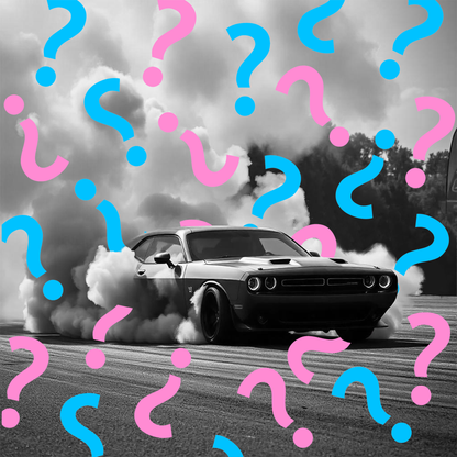 BURNOUT Smoke EXTREME Gender Reveal Burnout Powder featuring a black Dodge Challenger performing a dramatic tire burnout with smoke clouds, overlaid with pink and blue question marks against a black and white background, perfect for automotive gender reveal celebrations