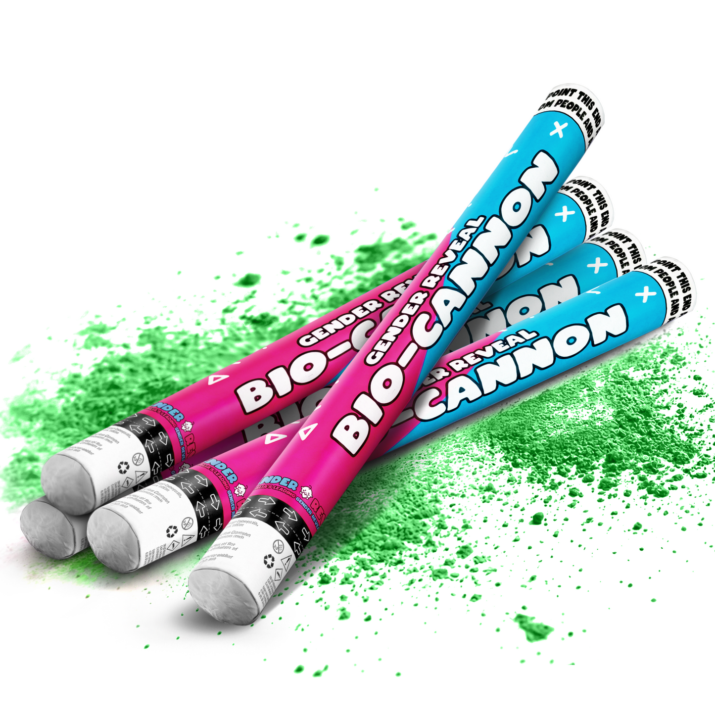 Four gender reveal Bio Cannon XL powder cannons with blue and pink labels on green powder background for celebration