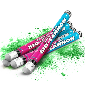 Four gender reveal Bio Cannon XL powder cannons with blue and pink labels on green powder background for celebration