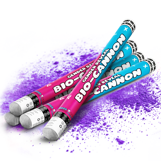 Four gender reveal bio-cannon party powder cannons with blue and pink labels and purple powder burst on white background