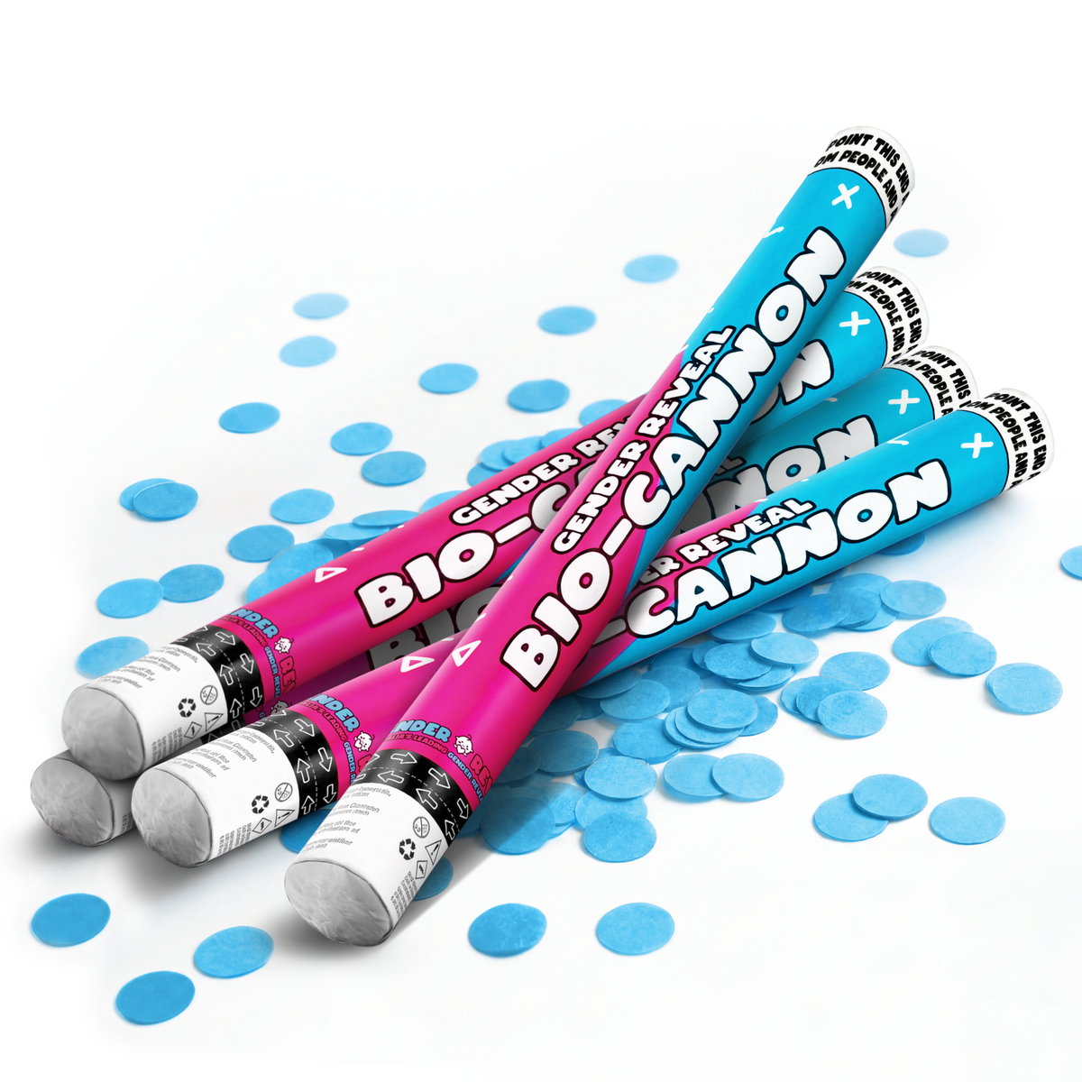 4 pack gender reveal confetti cannons in blue and pink with blue confetti scattered on white background