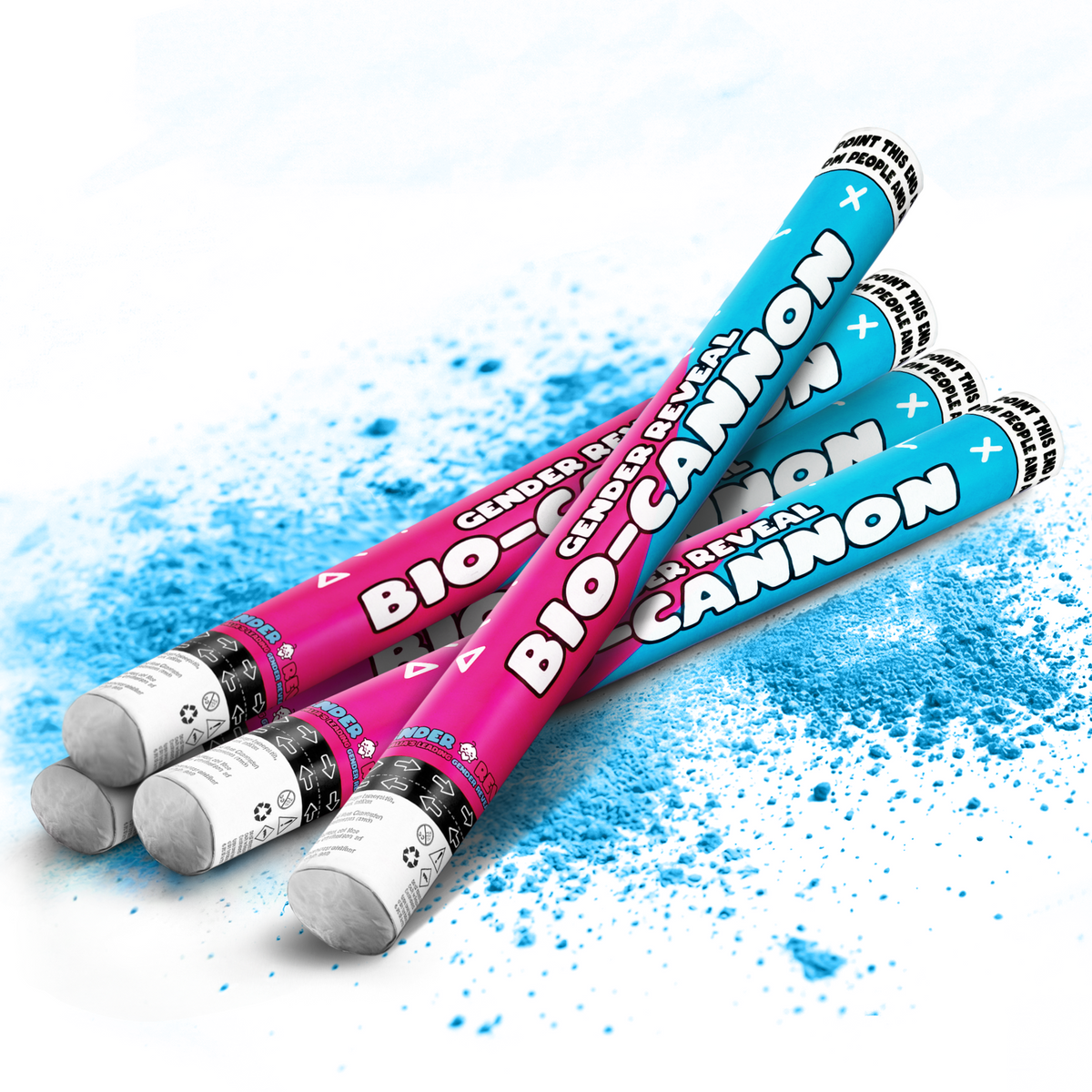 Four gender reveal bio powder cannons releasing blue powder on white background for celebration bundle events