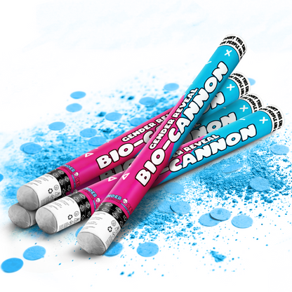 Four biodegradable gender reveal bio-cannons with blue and pink confetti and powder on a white background