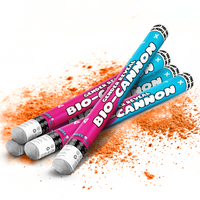 Four bright blue and pink gender reveal BIO XL powder cannons laying on orange powder for celebration events