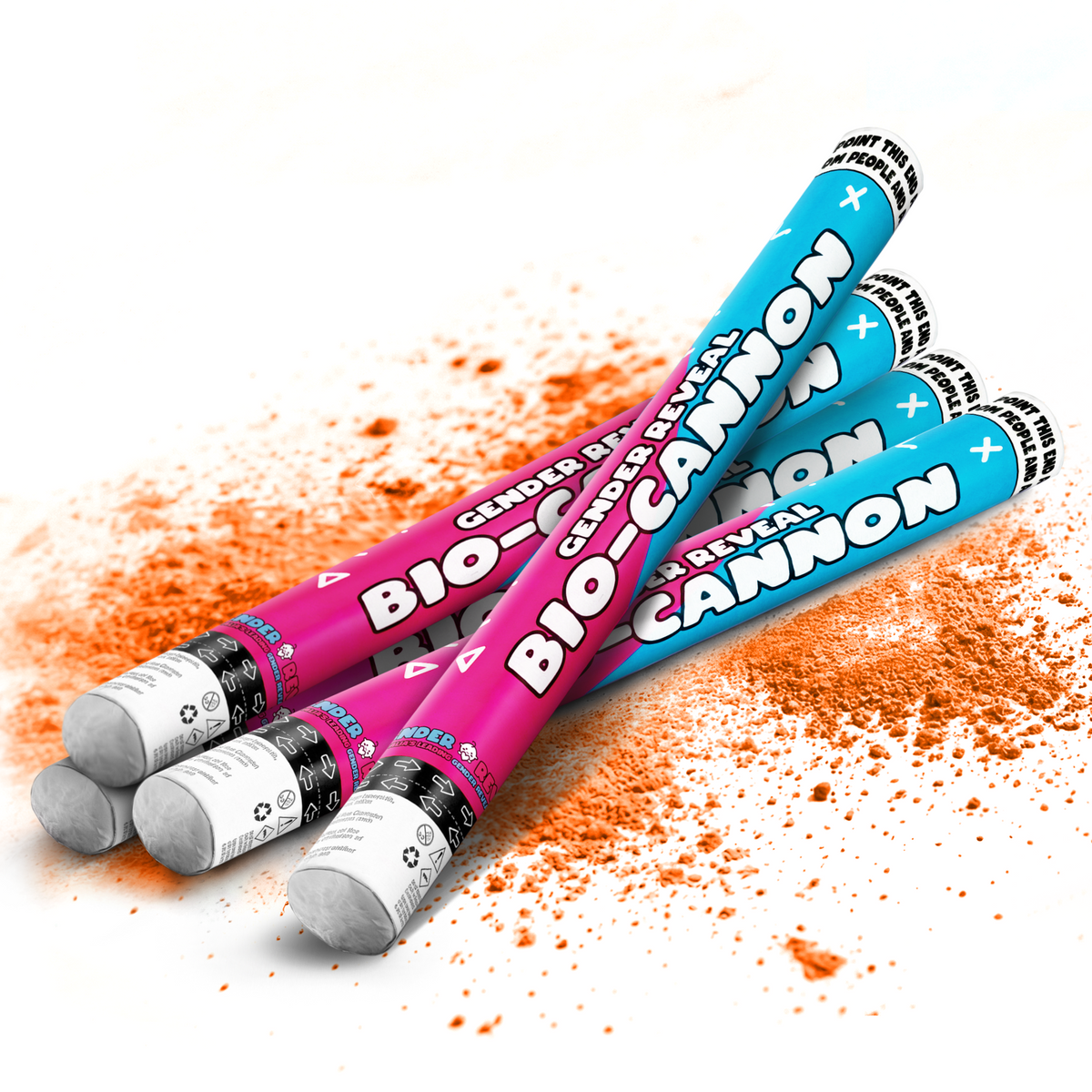 Four bright blue and pink gender reveal BIO XL powder cannons laying on orange powder for celebration events