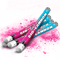 Four gender reveal BIO XL powder cannons with blue and pink colors releasing vibrant powder on white background