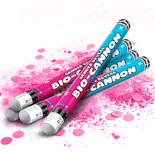 Four biodegradable gender reveal bio-cannons releasing pink powder and confetti for celebration events bundle